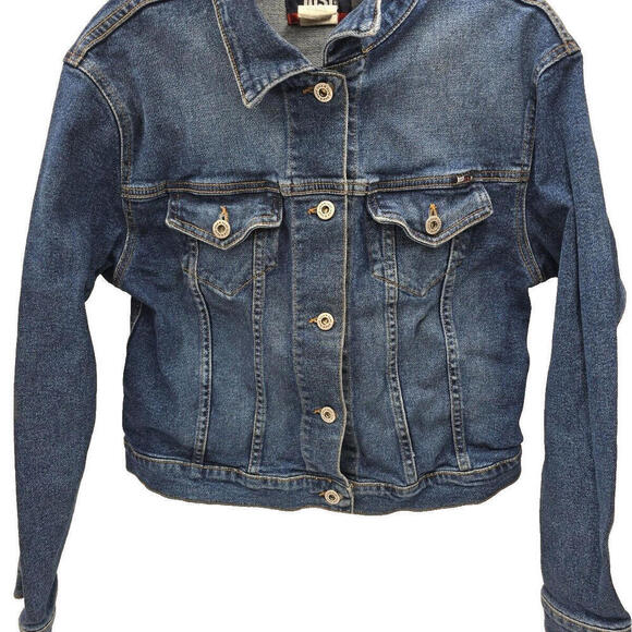 Y2K Just Jeans Denim Jacket Women's 2XL Blue Button Up Long‎ Sleeve Stretch 45-1 - Picture 1 of 10